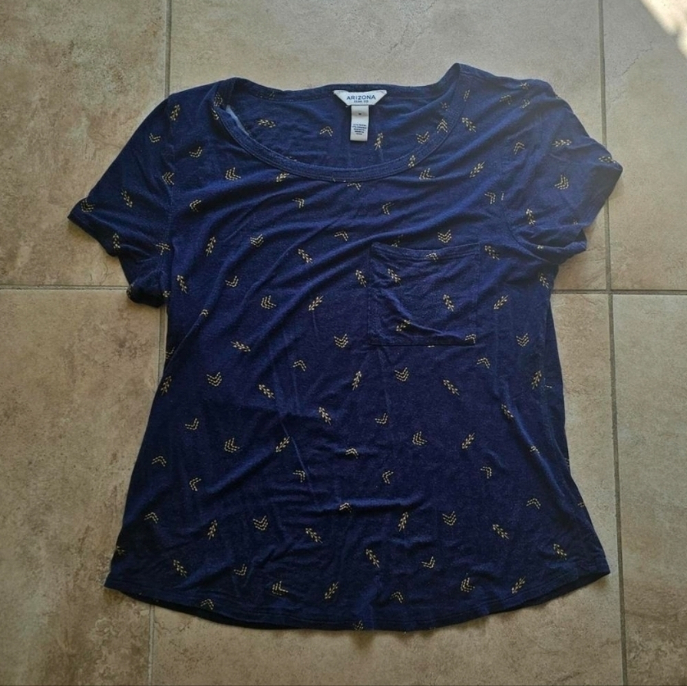 Arizona Navy Blue and Gold Patterned Short Sleeve Top With A Pocket